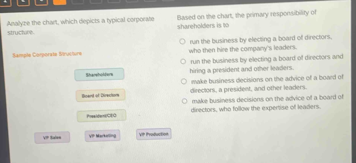 analyze the chart, which depicts a typical corporate structure. sample corporate structure shareholders board of directors president/ceo vp sales vp marketing vp production based on the chart, the primary responsibility of shareholders is to run the business by electing a board of directors, who then hire the companys leaders. run the business by electing a board of directors and hiring a president and other leaders. make business decisions on the advice of a board of directors, a president, and other leaders. make business decisions on the advice of a board of directors, who follow the expertise of leaders.
