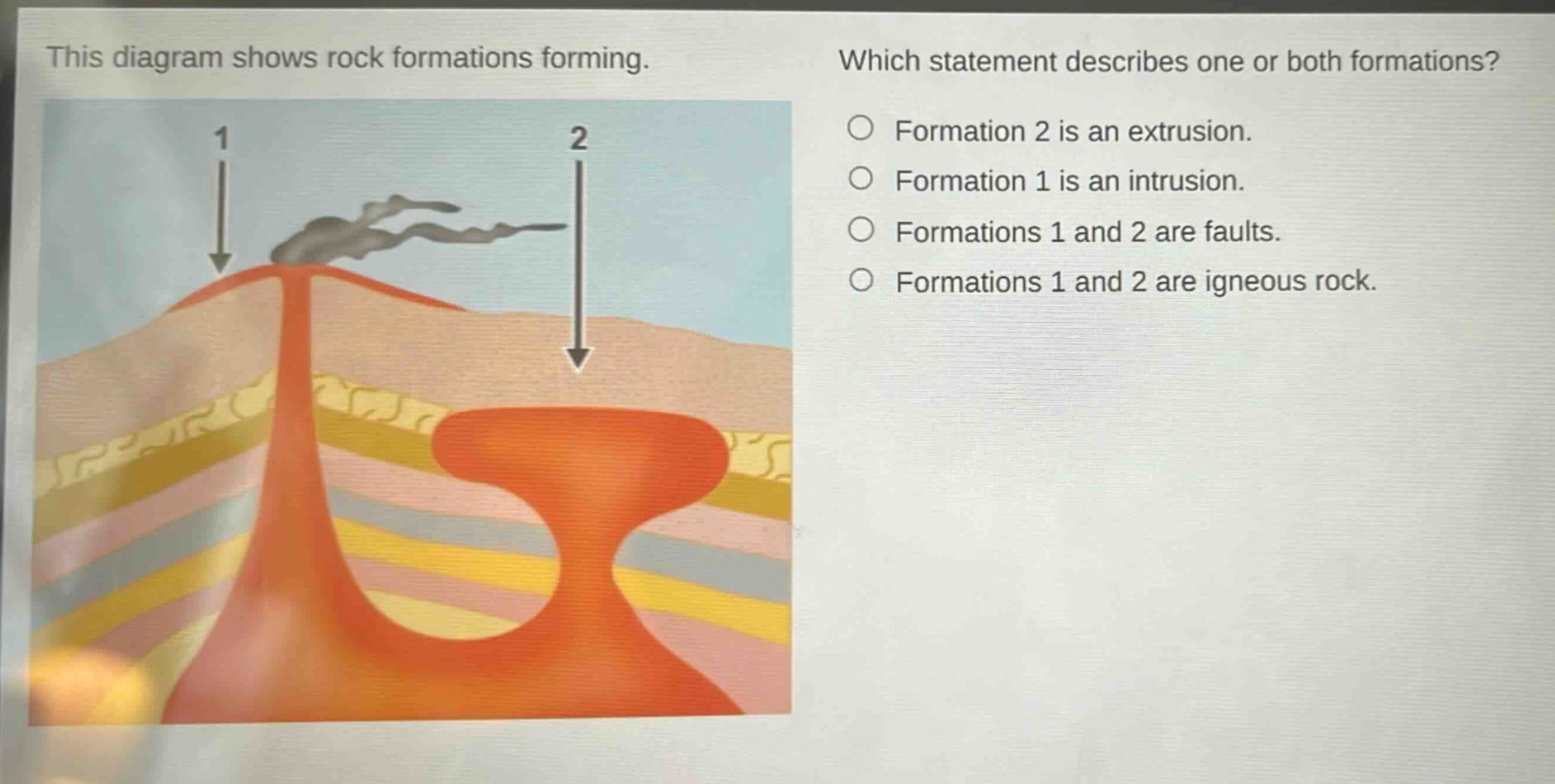 this diagram shows rock formations forming. which statement describes one or both formations? formation 2 is an extrusion. formation 1 is an intrusion. formations 1 and 2 are faults. formations 1 and 2 are igneous rock.