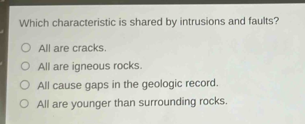 which characteristic is shared by intrusions and faults? all are cracks. all are igneous rocks. all cause gaps in the geologic record. all are younger than surrounding rocks.