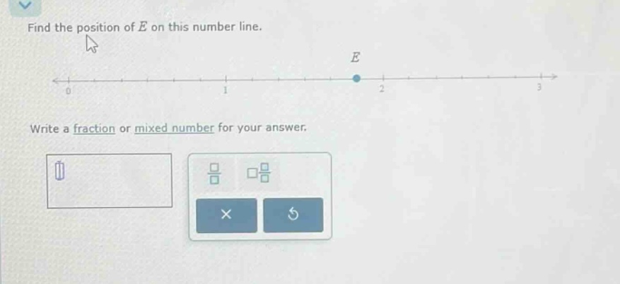 find the position of e on this number line. write a fraction or mixed number for your answer.