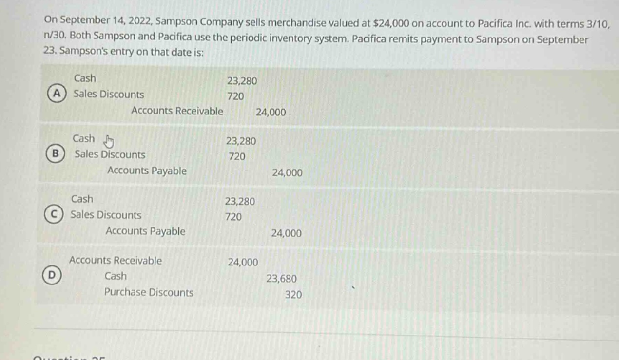 on september 14, 2022, sampson company sells merchandise valued at $24,000 on account to pacifica inc. with terms 3/10, n/30. both sampson and pacifica use the periodic inventory system. pacifica remits payment to sampson on september 23. sampsons entry on that date is: cash 23,280 a sales discounts 720 accounts receivable 24,000 cash 23,280 b sales discounts 720 accounts payable 24,000 cash 23,280 c sales discounts 720 accounts payable 24,000 accounts receivable 24,000 d cash 23,680 purchase discounts 320
