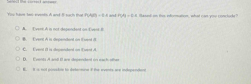 select the correct answer. you have two events a and b such that p(a|b) = 0.4 and p(a) = 0.4. based on this information, what can you conclude? a. event a is not dependent on event b. b. event a is dependent on event b. c. event b is dependent on event a. d. events a and b are dependent on each other. e. it is not possible to determine if the events are independent.