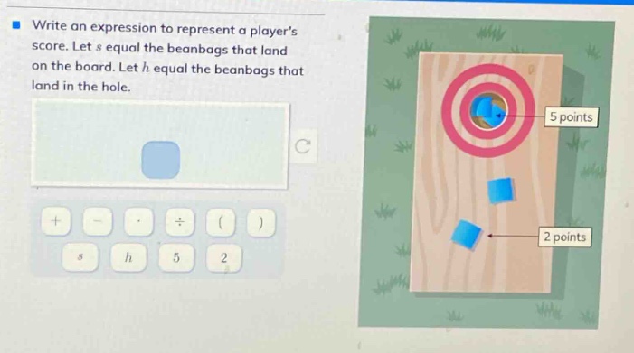 write an expression to represent a players score. let s equal the beanbags that land on the board. let h equal the beanbags that land in the hole.