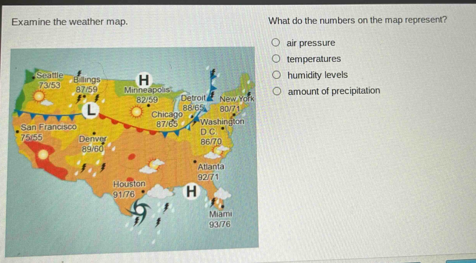 examine the weather map. what do the numbers on the map represent? air pressure temperatures humidity levels amount of precipitation