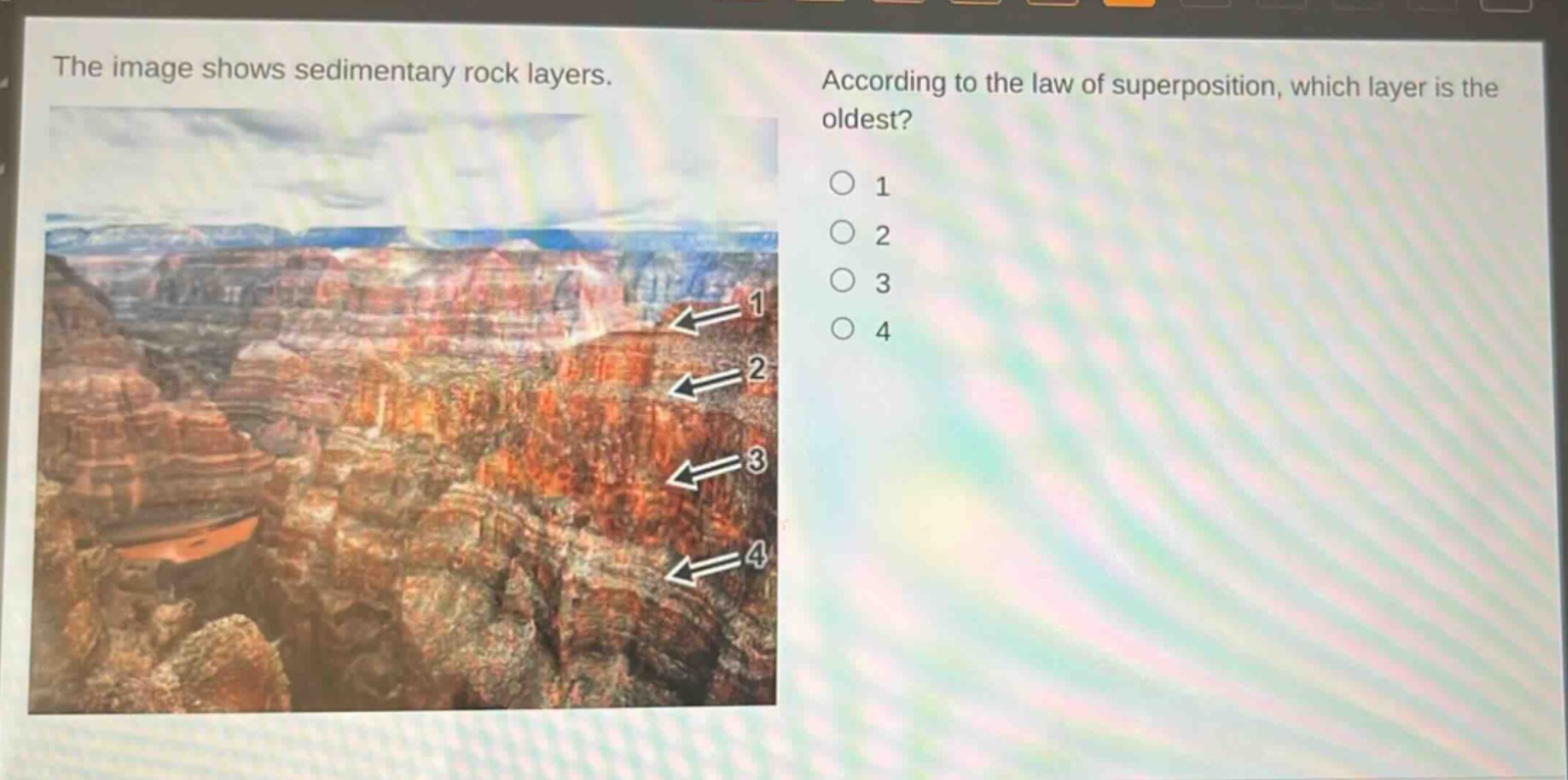 the image shows sedimentary rock layers. according to the law of superposition, which layer is the oldest? 1 2 3 4