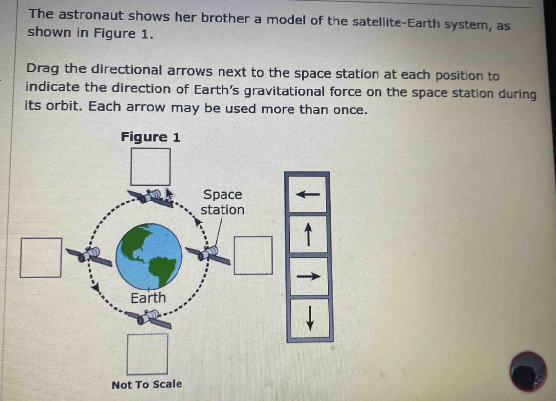 the astronaut shows her brother a model of the satellite - earth system, as shown in figure 1. drag the directional arrows next to the space station at each position to indicate the direction of earth’s gravitational force on the space station during its orbit. each arrow may be used more than once. figure 1 space station earth not to scale