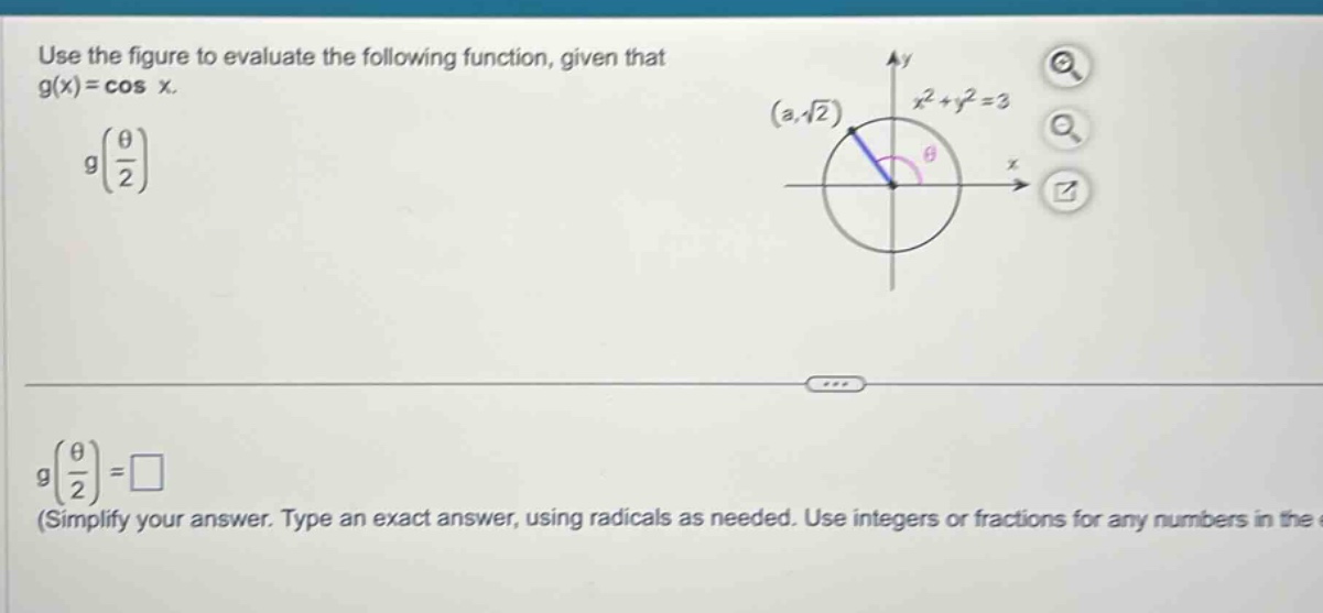 use the figure to evaluate the following function, given that g(x)=cos x. g(θ/2) g(θ/2)=□ (simplify your answer. type an exact answer, using radicals as needed. use integers or fractions for any numbers in the)