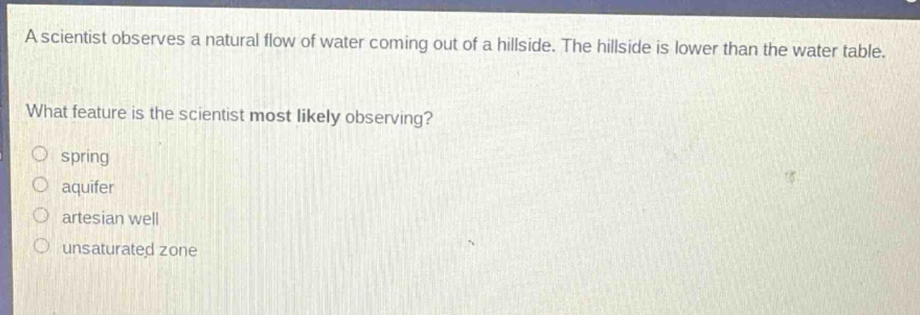 a scientist observes a natural flow of water coming out of a hillside. the hillside is lower than the water table. what feature is the scientist most likely observing? spring aquifer artesian well unsaturated zone