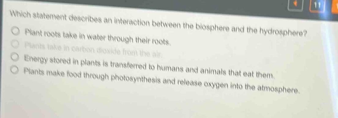which statement describes an interaction between the biosphere and the hydrosphere? plant roots take in water through their roots. plants take in carbon dioxide from the air. energy stored in plants is transferred to humans and animals that eat them. plants make food through photosynthesis and release oxygen into the atmosphere.