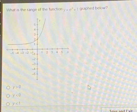 what is the range of the function y = e^x + 1 graphed below? y>0 y<0 y<1