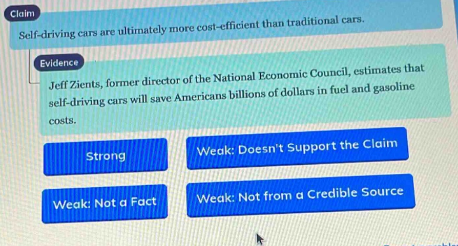 claim self - driving cars are ultimately more cost - efficient than traditional cars. evidence jeff zients, former director of the national economic council, estimates that self - driving cars will save americans billions of dollars in fuel and gasoline costs. strong weak: doesnt support the claim weak: not a fact weak: not from a credible source