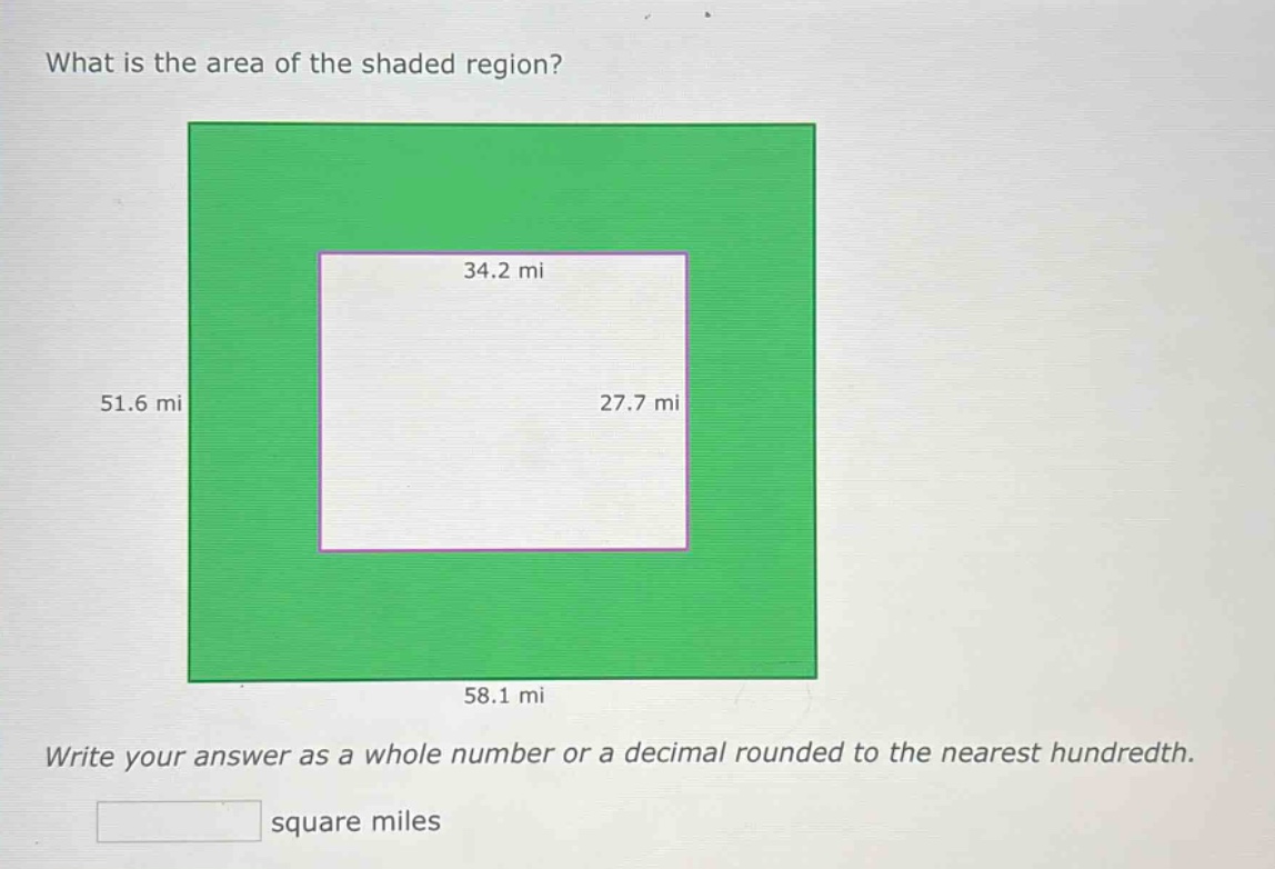 what is the area of the shaded region? write your answer as a whole number or a decimal rounded to the nearest hundredth. square miles