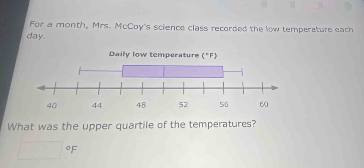 for a month, mrs. mccoys science class recorded the low temperature each day. daily low temperature (°f) what was the upper quartile of the temperatures? °f