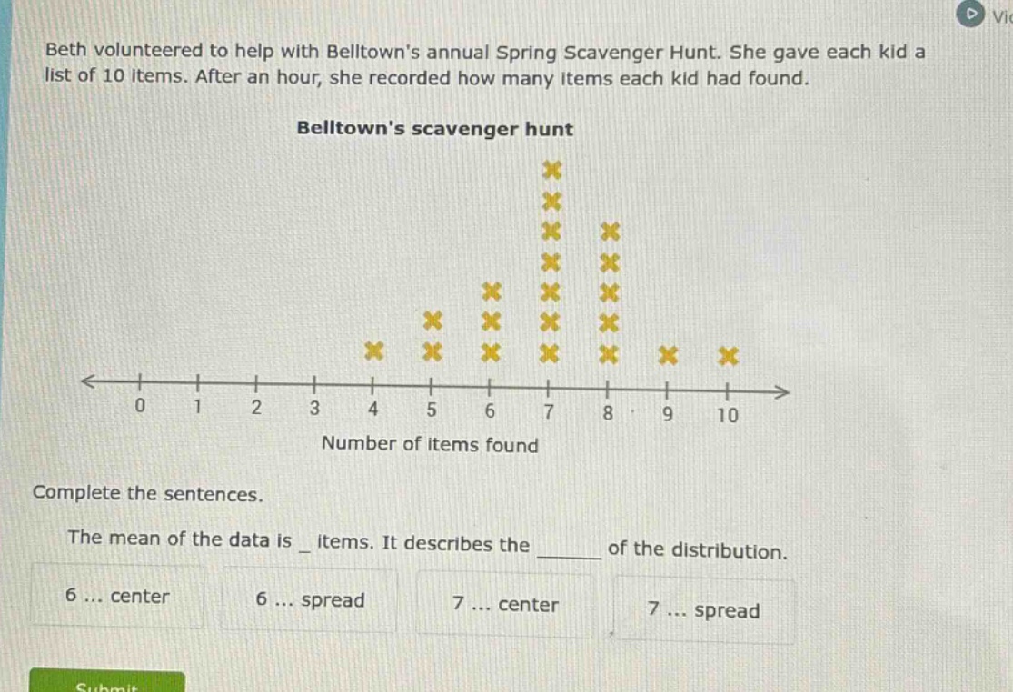 beth volunteered to help with belltowns annual spring scavenger hunt. she gave each kid a list of 10 items. after an hour, she recorded how many items each kid had found. belltowns scavenger hunt complete the sentences. the mean of the data is _ items. it describes the ______ of the distribution. 6 ... center 6 ... spread 7 ... center 7 ... spread