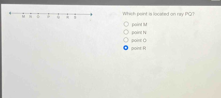 which point is located on ray pq? point m point n point o point r