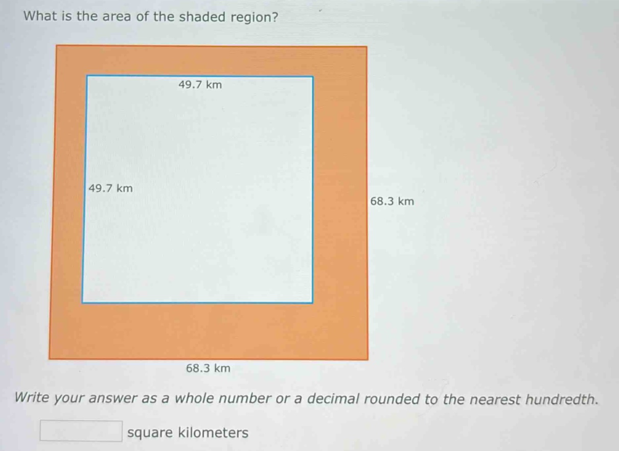 what is the area of the shaded region? write your answer as a whole number or a decimal rounded to the nearest hundredth. square kilometers