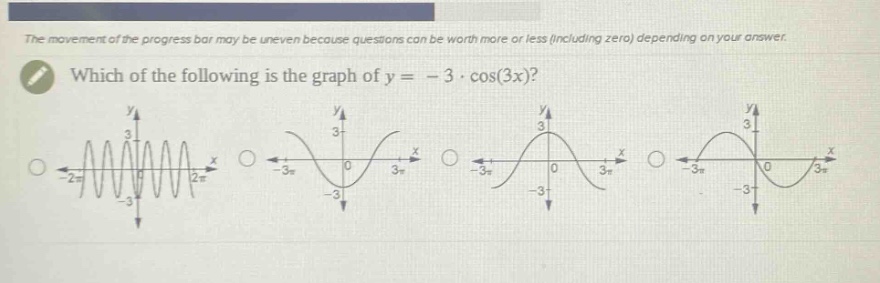 the movement of the progress bar may be uneven because questions can be worth more or less (including zero) depending on your answer. which of the following is the graph of y = - 3 · cos(3x)?