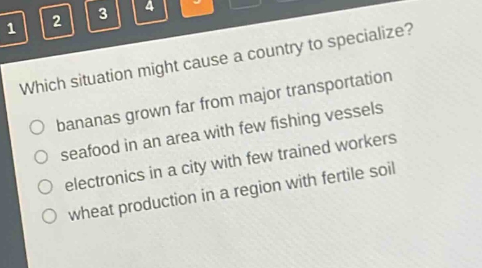which situation might cause a country to specialize? bananas grown far from major transportation seafood in an area with few fishing vessels electronics in a city with few trained workers wheat production in a region with fertile soil