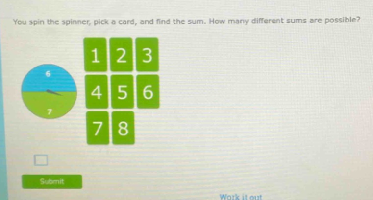 you spin the spinner, pick a card, and find the sum. how many different sums are possible?