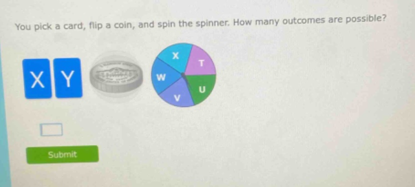 you pick a card, flip a coin, and spin the spinner. how many outcomes are possible?