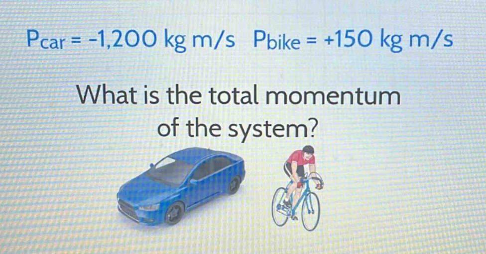 pcar = -1,200 kg m/s pbike = +150 kg m/s what is the total momentum of the system?