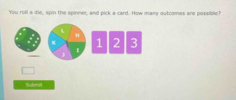 you roll a die, spin the spinner, and pick a card. how many outcomes are possible?