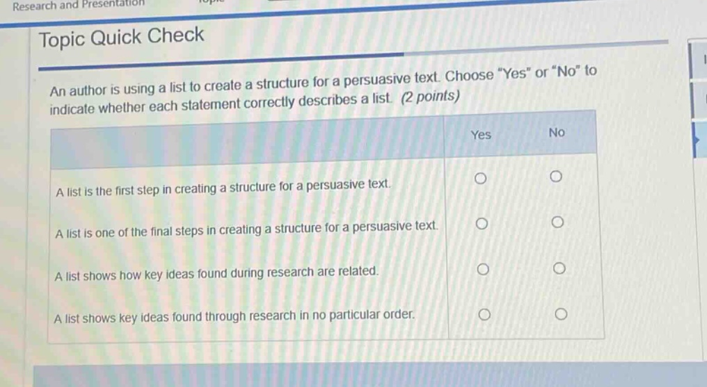 research and presentation topic quick check an author is using a list to create a structure for a persuasive text. choose “yes” or “no” to indicate whether each statement correctly describes a list. (2 points) a list is the first step in creating a structure for a persuasive text. a list is one of the final steps in creating a structure for a persuasive text. a list shows how key ideas found during research are related. a list shows key ideas found through research in no particular order.