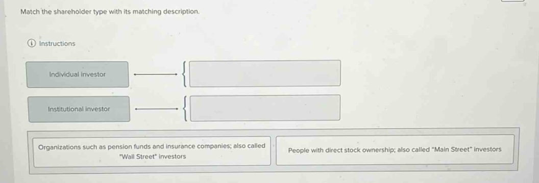 match the shareholder type with its matching description. instructions individual investor institutional investor organizations such as pension funds and insurance companies; also called \wall street\ investors people with direct stock ownership; also called \main street\ investors