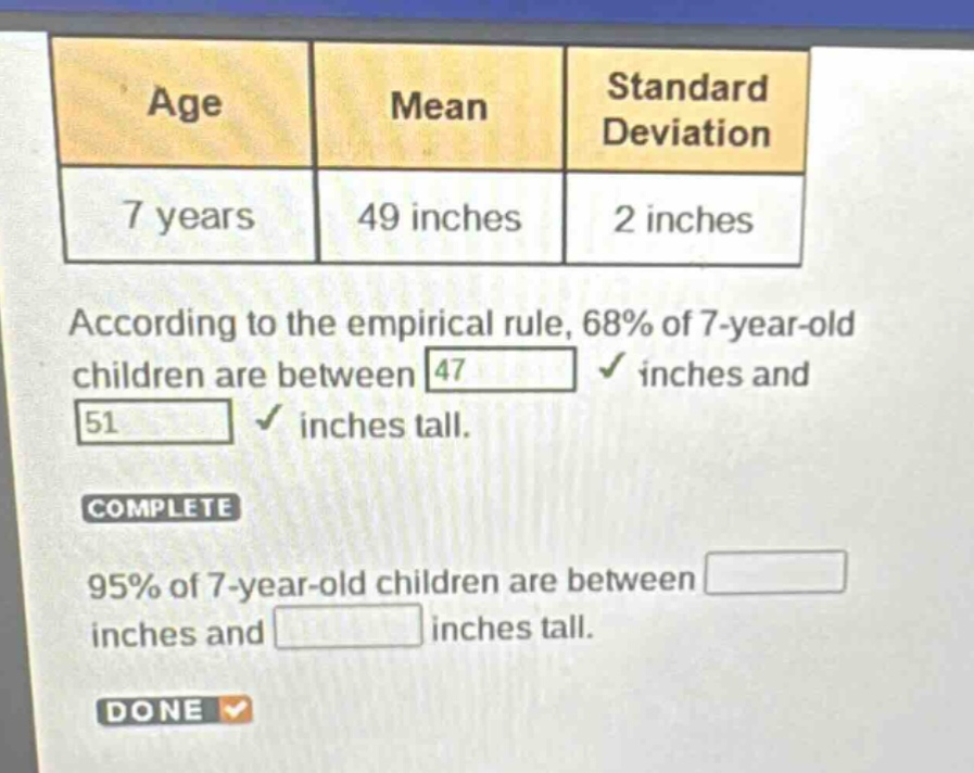 age mean standard deviation 7 years 49 inches 2 inches according to the empirical rule, 68% of 7 - year - old children are between 47 inches and 51 inches tall. complete 95% of 7 - year - old children are between inches and inches tall. done