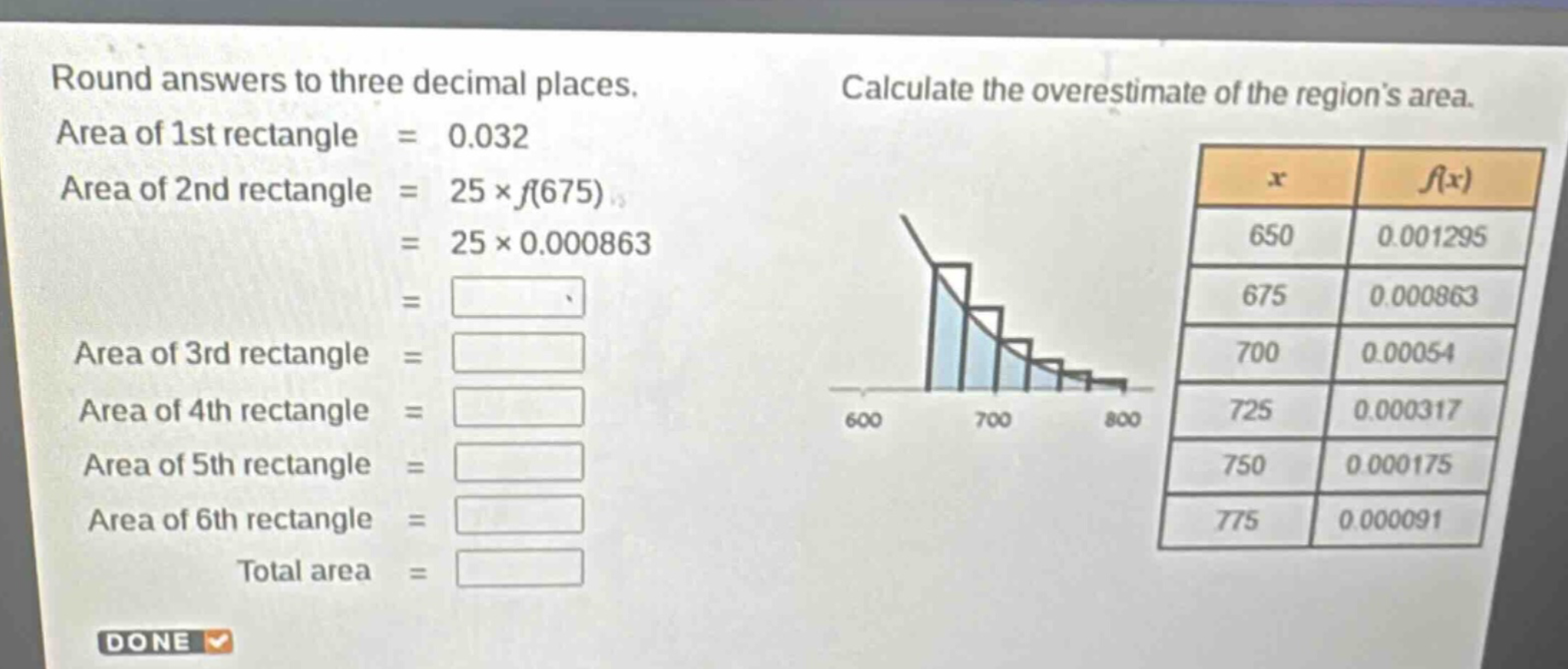 round answers to three decimal places. area of 1st rectangle = 0.032 area of 2nd rectangle = 25×f(675) = 25×0.000863 = area of 3rd rectangle = area of 4th rectangle = area of 5th rectangle = area of 6th rectangle = total area = calculate the overestimate of the region’s area.