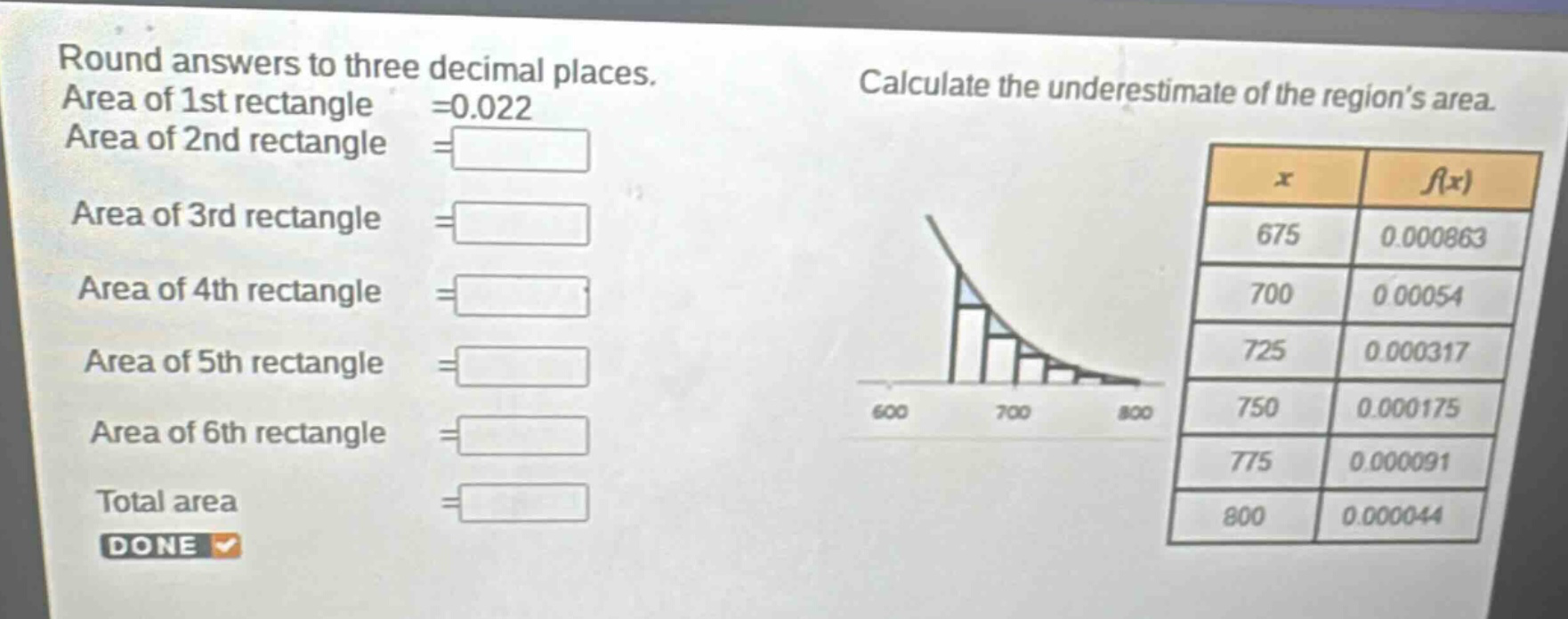 round answers to three decimal places. area of 1st rectangle =0.022 area of 2nd rectangle = area of 3rd rectangle = area of 4th rectangle = area of 5th rectangle = area of 6th rectangle = total area = calculate the underestimate of the region’s area. done x f(x) 675 0.000863 700 0.00054 725 0.000317 750 0.000175 775 0.000091 800 0.000044