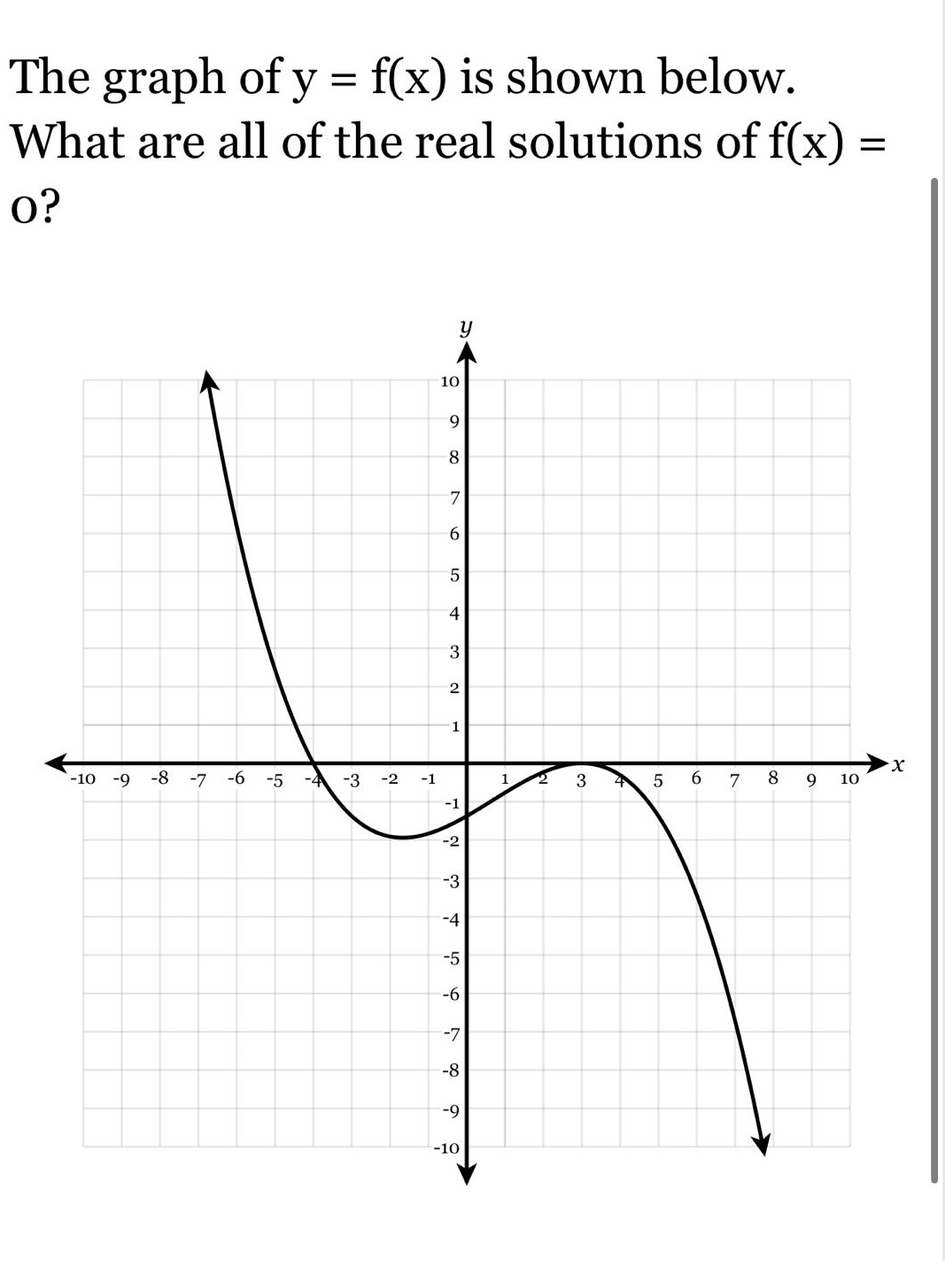 the graph of y = f(x) is shown below. what are all of the real solutions of f(x) = 0?