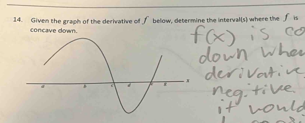 14. given the graph of the derivative of f below, determine the interval(s) where the f is concave down.