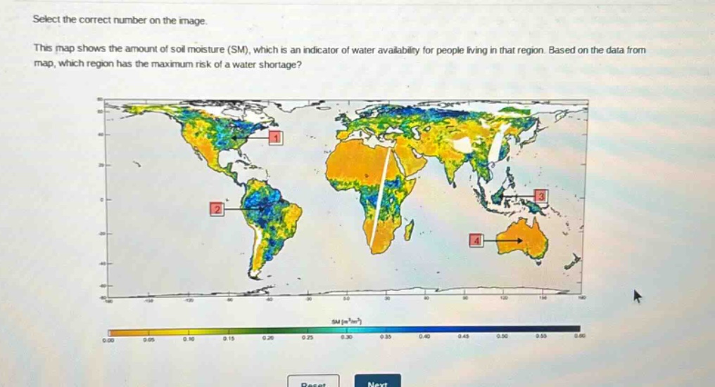 select the correct number on the image. this map shows the amount of soil moisture (sm), which is an indicator of water availability for people living in that region. based on the data from map, which region has the maximum risk of a water shortage?