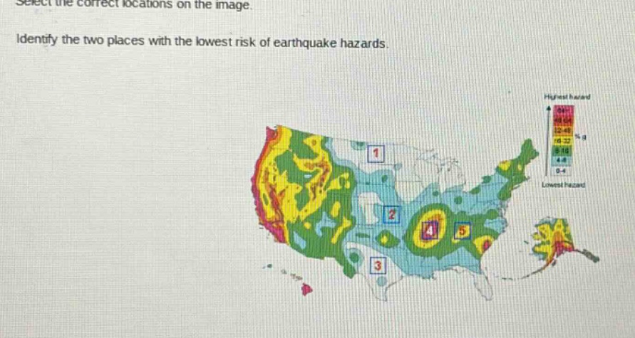 select the correct locations on the image. identify the two places with the lowest risk of earthquake hazards.