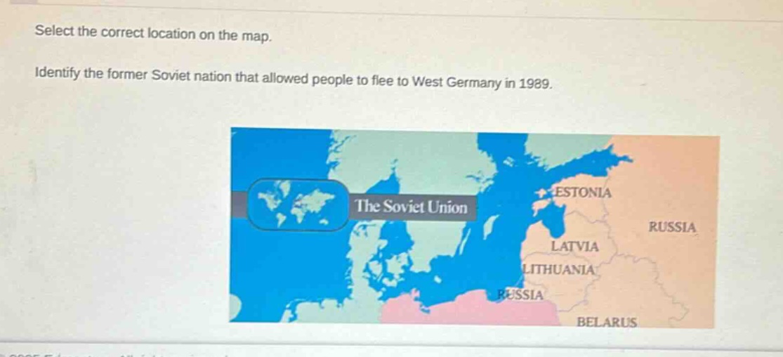 select the correct location on the map. identify the former soviet nation that allowed people to flee to west germany in 1989.
