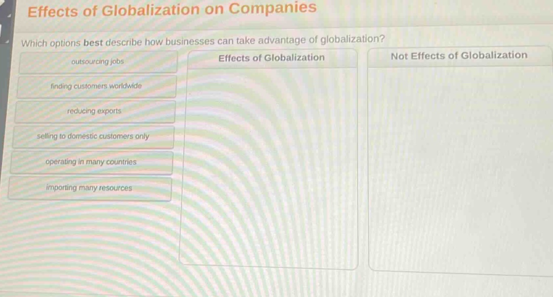 effects of globalization on companies\nwhich options best describe how businesses can take advantage of globalization?\noutsourcing jobs\nfinding customers worldwide\nreducing exports\nselling to domestic customers only\noperating in many countries\nimporting many resources\neffects of globalization\nnot effects of globalization