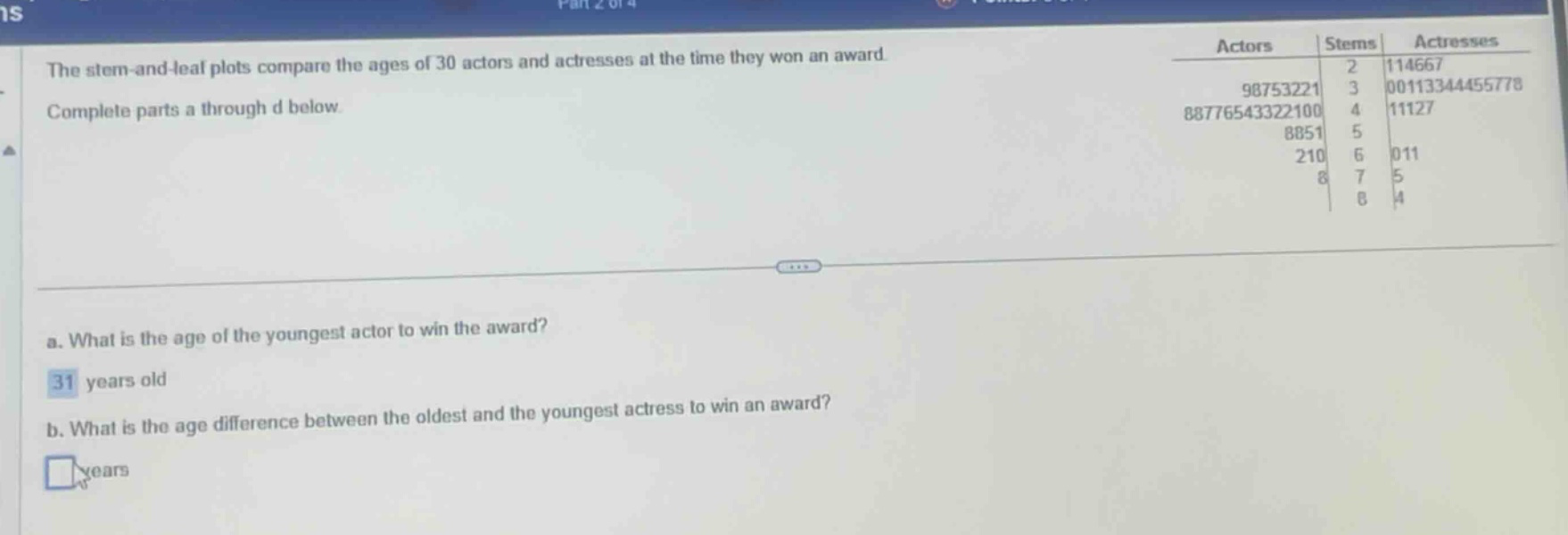 the stem - and - leaf plots compare the ages of 30 actors and actresses at the time they won an award. complete parts a through d below. a. what is the age of the youngest actor to win the award? 31 years old b. what is the age difference between the oldest and the youngest actress to win an award? years