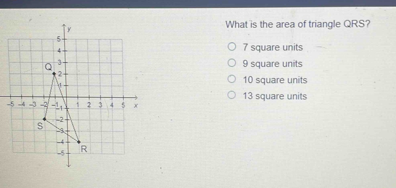 what is the area of triangle qrs? 7 square units 9 square units 10 square units 13 square units