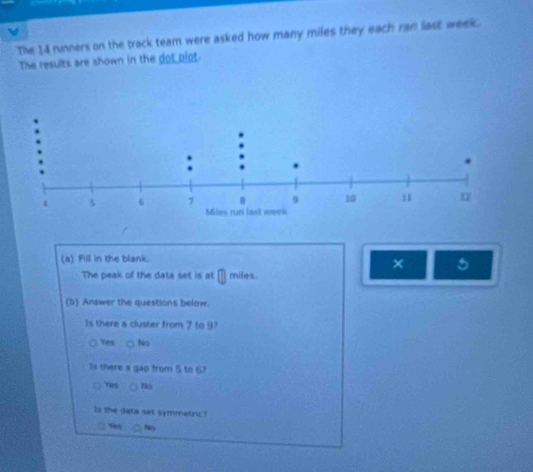 the 14 runners on the track team were asked how many miles they each ran last week. the results are shown in the dot - plot. (a) fill in the blank. the peak of the data set is at miles. (b) answer the questions below. is there a cluster from 7 to 9? yes no is there a gap from 5 to 6? yes no is the data set symmetric? yes no