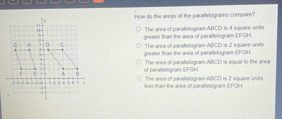 how do the areas of the parallelograms compare? the area of parallelogram abcd is 4 square units greater than the area of parallelogram efgh. the area of parallelogram abcd is 2 square units greater than the area of parallelogram efgh. the area of parallelogram abcd is equal to the area of parallelogram efgh. the area of parallelogram abcd is 2 square units less than the area of parallelogram efgh.
