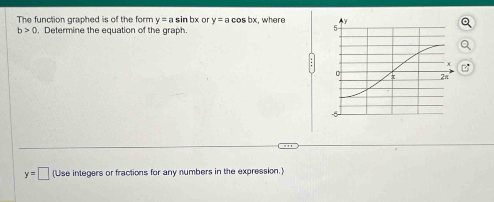 the function graphed is of the form y = a sin bx or y = a cos bx, where b > 0. determine the equation of the graph. y = (use integers or fractions for any numbers in the expression.)