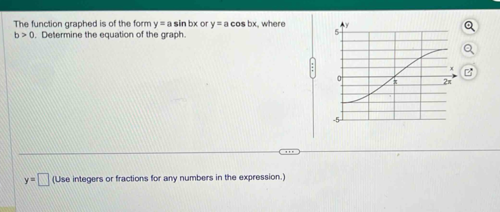 the function graphed is of the form y = a sin bx or y = a cos bx, where b > 0. determine the equation of the graph. y = (use integers or fractions for any numbers in the expression.)
