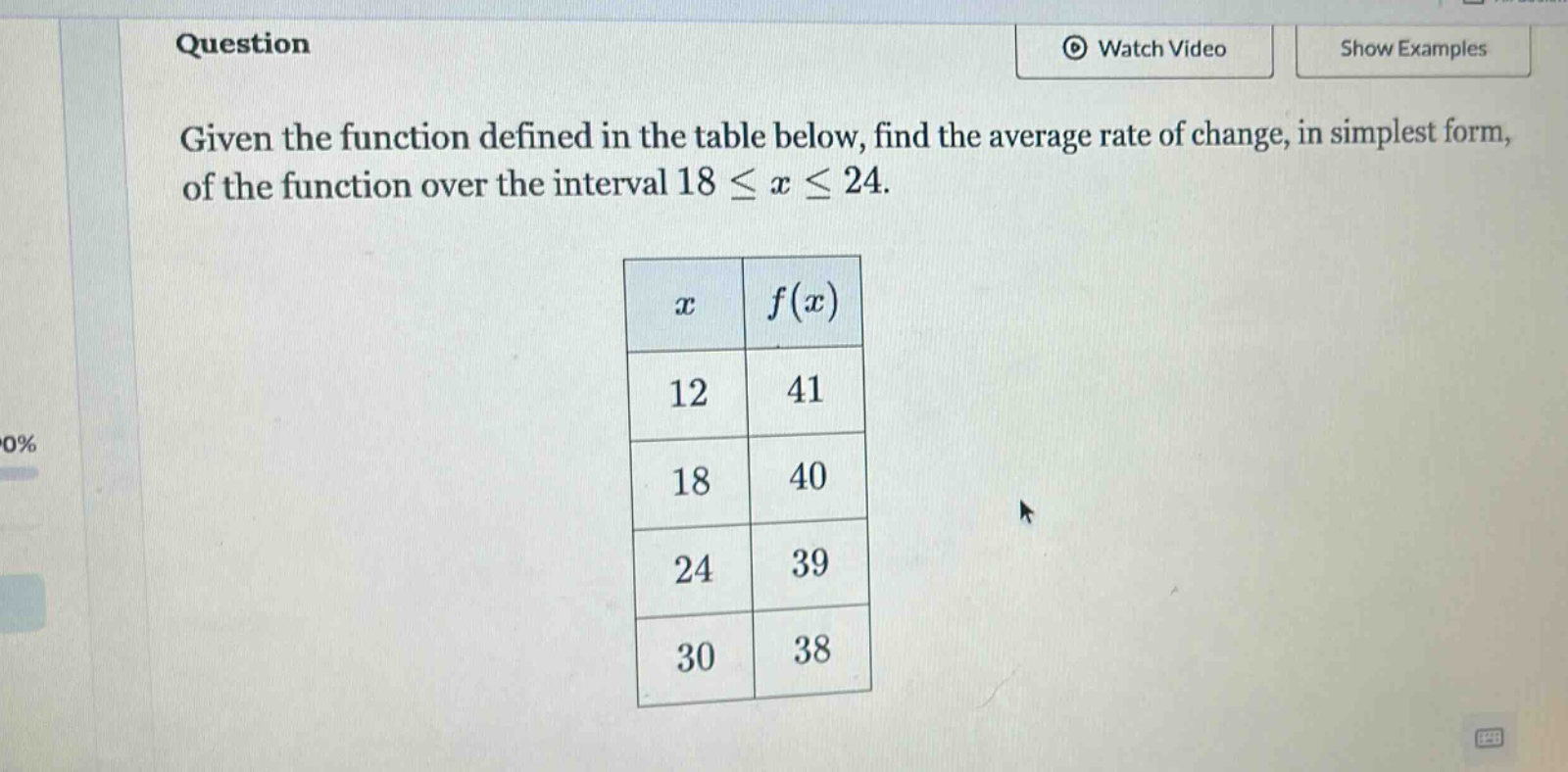 question given the function defined in the table below, find the average rate of change, in simplest form, of the function over the interval 18 ≤ x ≤ 24. x f(x) 12 41 18 40 24 39 30 38