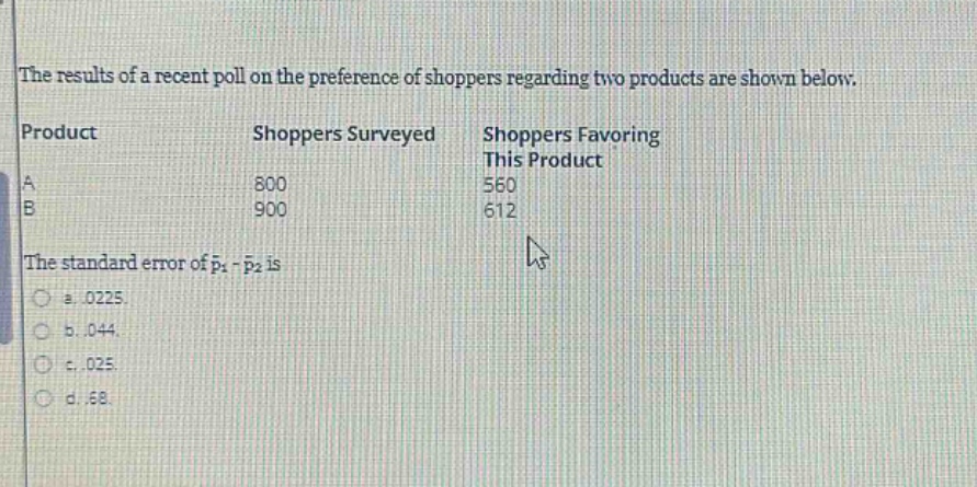 the results of a recent poll on the preference of shoppers regarding two products are shown below. product shoppers surveyed shoppers favoring this product a 800 560 b 900 612 the standard error of p1 - p2 is a..0225. b..044. c..025. d..68.