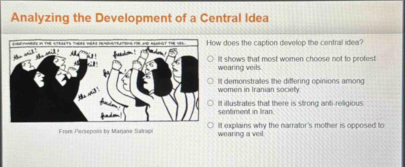 analyzing the development of a central idea\nhow does the caption develop the central idea?\nit shows that most women choose not to protest wearing veils.\nit demonstrates the differing opinions among women in iranian society.\nit illustrates that there is strong anti - religious sentiment in iran.\nit explains why the narrator’s mother is opposed to wearing a veil.\nfrom persepolis by marjane satrapi