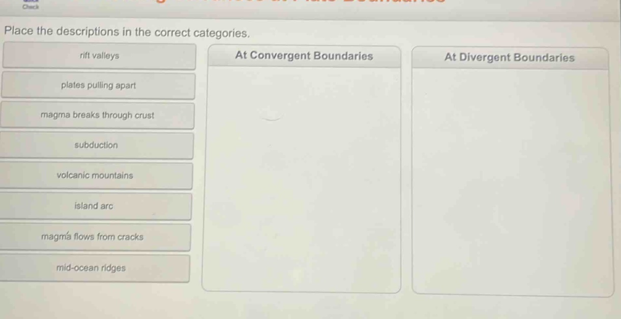 place the descriptions in the correct categories. rift valleys plates pulling apart magma breaks through crust subduction volcanic mountains island arc magma flows from cracks mid - ocean ridges at convergent boundaries at divergent boundaries