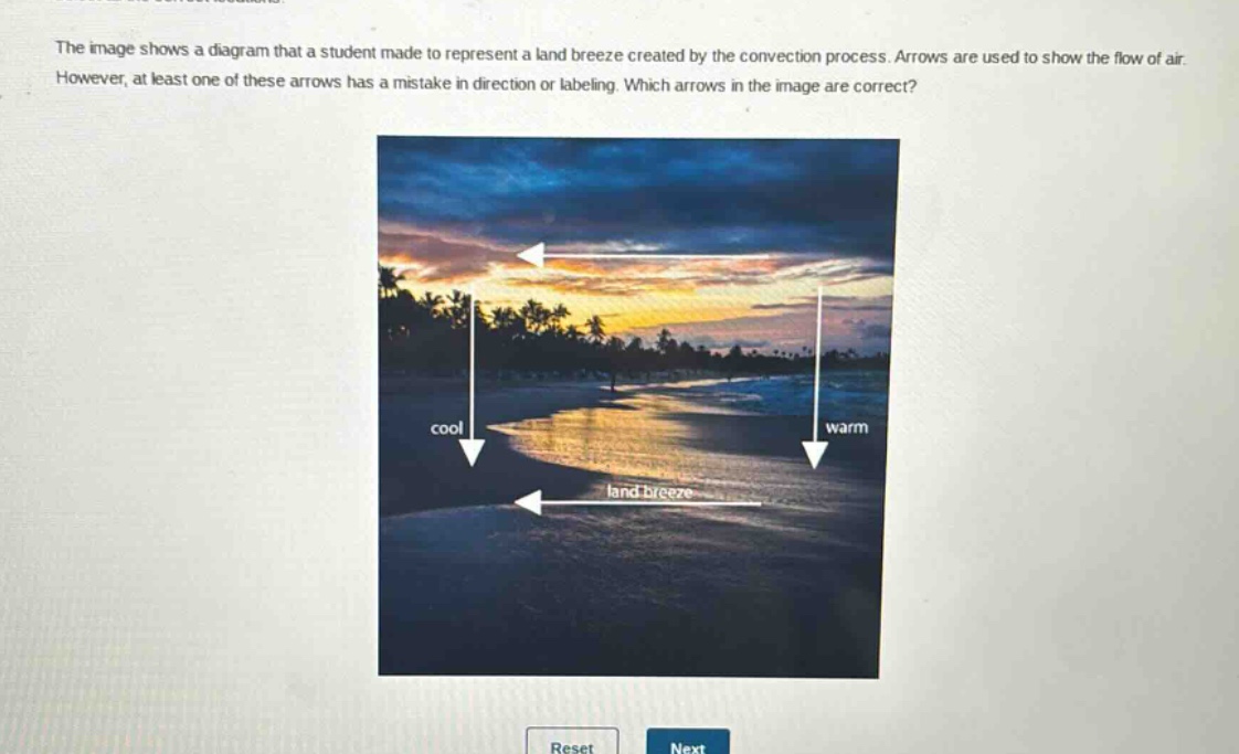 the image shows a diagram that a student made to represent a land breeze created by the convection process. arrows are used to show the flow of air. however, at least one of these arrows has a mistake in direction or labeling. which arrows in the image are correct?