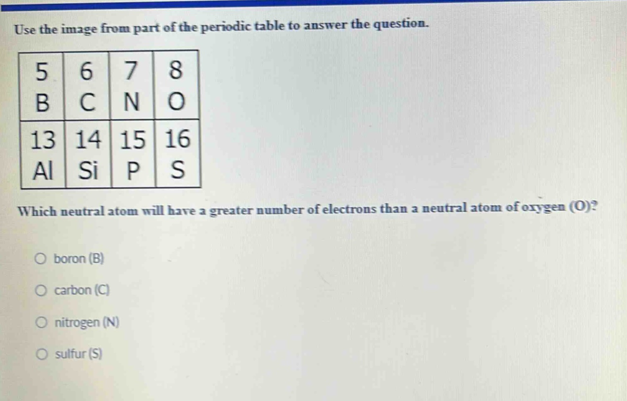 use the image from part of the periodic table to answer the question. 5 b 6 c 7 n 8 o 13 al 14 si 15 p 16 s which neutral atom will have a greater number of electrons than a neutral atom of oxygen (o)? boron (b) carbon (c) nitrogen (n) sulfur (s)