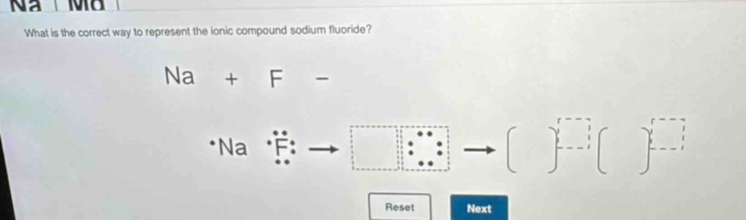 what is the correct way to represent the ionic compound sodium fluoride? na + f - *na *f: → → reset next